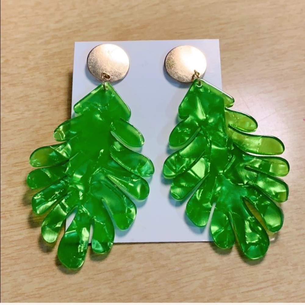Palm leaf green acrylic dangle earrings